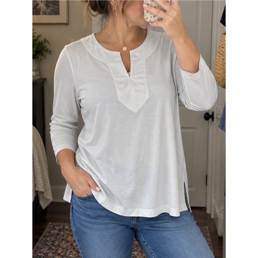 Lauren Ralph Lauren Tunic Top M White‎ Cotton Split Neck 3/4 Sleeve NWT